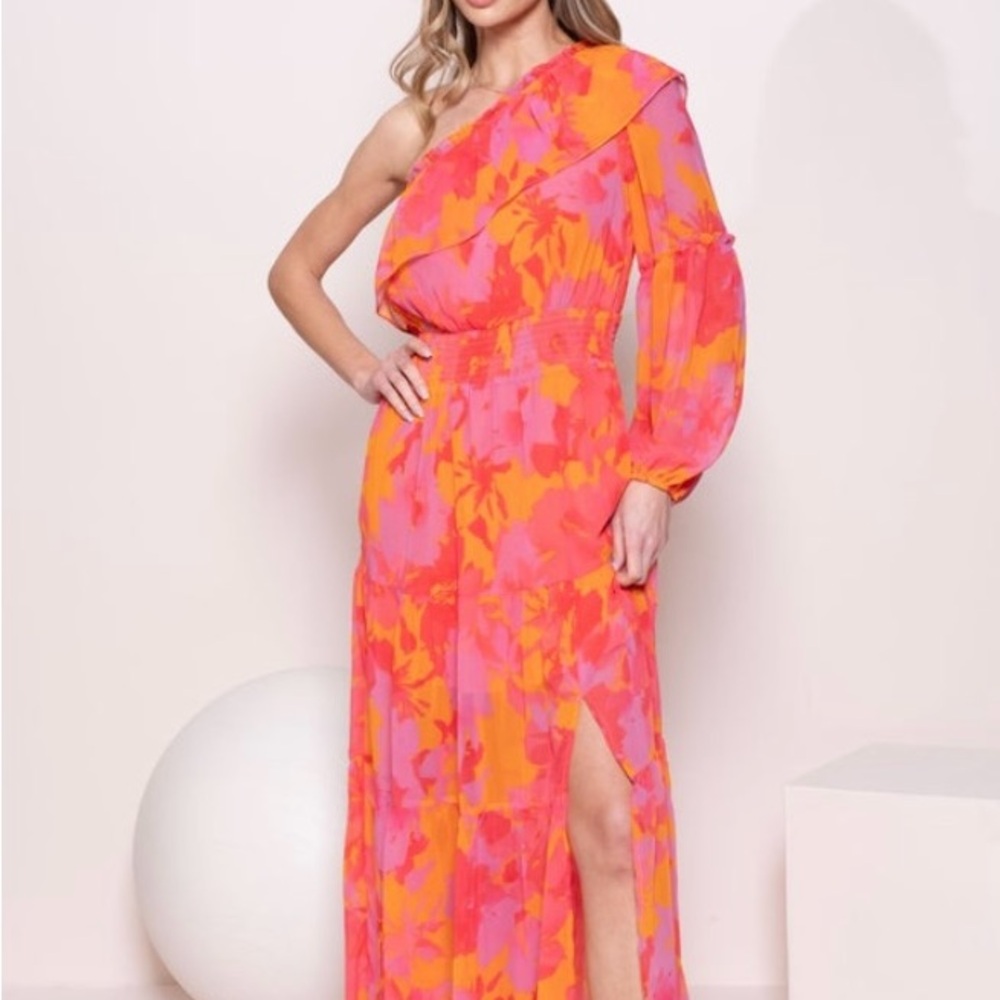 Vibrant One-Shoulder Dress in Pink and Orange